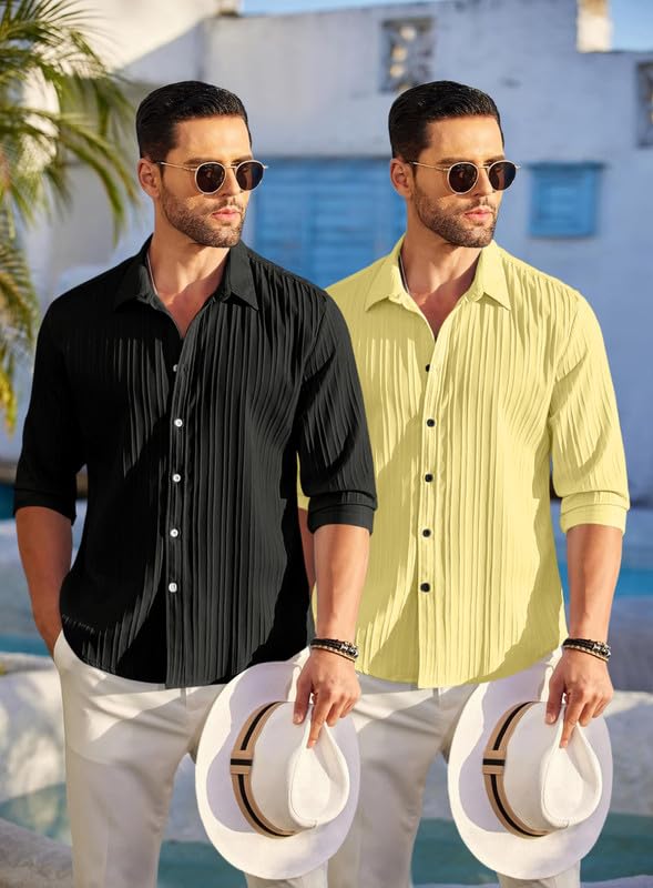 Image of FINIVO FASHION Men's Cotton Blend Shirt Set Lightweight, Full Sleeves, Plain Texture, Button Closure, Summer Ready (Pack of 2)