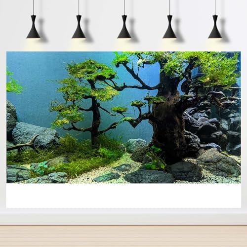 Image of Aquarium Background Green Grass Trees Aquarium Backdrop Vivid and Fresh Green Plants Tank Backdrop Wood and Pebble Reptile Habitat Terrarium Background Decor 24x12in