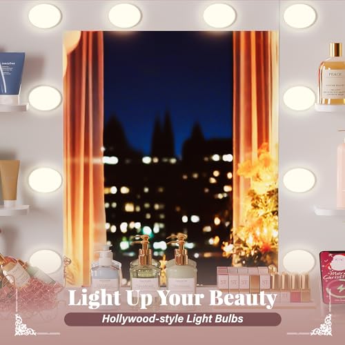 Image of Furmax Vanity Desk with Mirror and Light Bulb, Small Makeup Vanity Table with Drawers, Dressing Table with Power Outlet and Hair Dryer Holder for Bedroom (White & Gold)