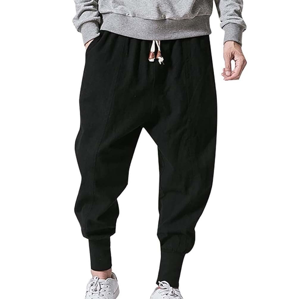 Męskie spodnie do biegania, lniane spodnie, spodnie dresowe z niskim krokiem, slim fit, spodnie haremowe hip-hopowe z kieszeniami