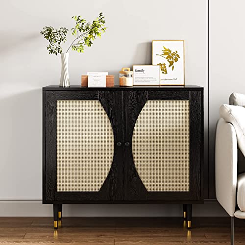 4 Ever Winner Sideboard Buffet Cabinet With Handmade Natural Rattan Doors, Accent Cabinet With Adjustable Shelves, Kitchen Buffet Cabinet Table For Kitchen, Living Dining Room, Entryway, Black #TOP2