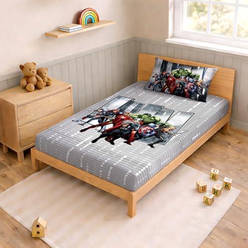 Image of Sassoon Marvel Avengers (Grey) Digital Printed, Cotton Single Bedsheet, 300 TC, 1 Pillow Cover, Fade Resistant, Bedsheet for Kid's Bedroom, (1.50m X 2.35m)
