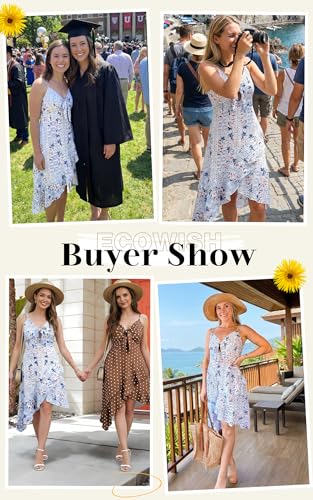 Image of ECOWISH Polka Dot Women Summer Dresses Casual Midi A Line Ruffle High Low Sleeveless Boho Floral Halterneck Cocktail Sundress