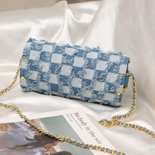 Image of Nova&Aria Women Small Shoulder Bags Quilted Crossbody Distressed Jean Denim Purse Evening Bag Clutch Handbag with Chain Strap-Checkered
