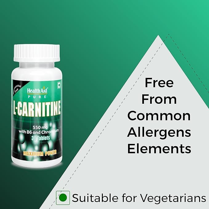 HealthAid L-Carnitine 550mg with B6 and Chromium – 30 Veg Tablets | Supports Fat Transport to Muscles, Helps Convert Fat into Energy, Pre/Post Workout Supplement