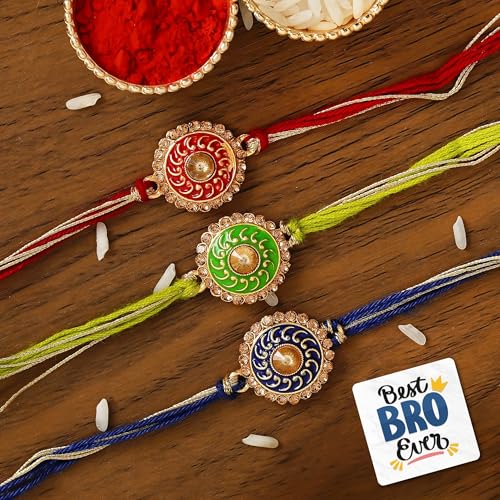 Image of eCraftIndia Set of 3 Blue, Green & Red Meenakari Designer Rakhis, Best Bro Ever Fridge Magnet with Roli Chawal Pack - Rakhi for Brother, Bhaiya, Bhai