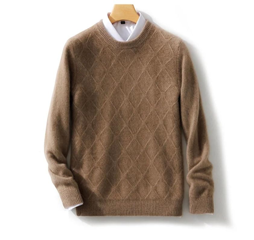 Men's 100% Wool Diamond Grid Crewneck Pullover Winter Casual Thick Basis Jumper Large Size Top2