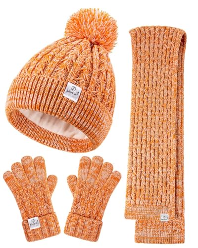 Kids Winter Hat Gloves Scarf Set,Girls Toddler Winter Hat Beanies with Pom Neck Warmer Gaiter Mittens Fleece Lined Set Christmas Gift for Kids（Orange Mix）