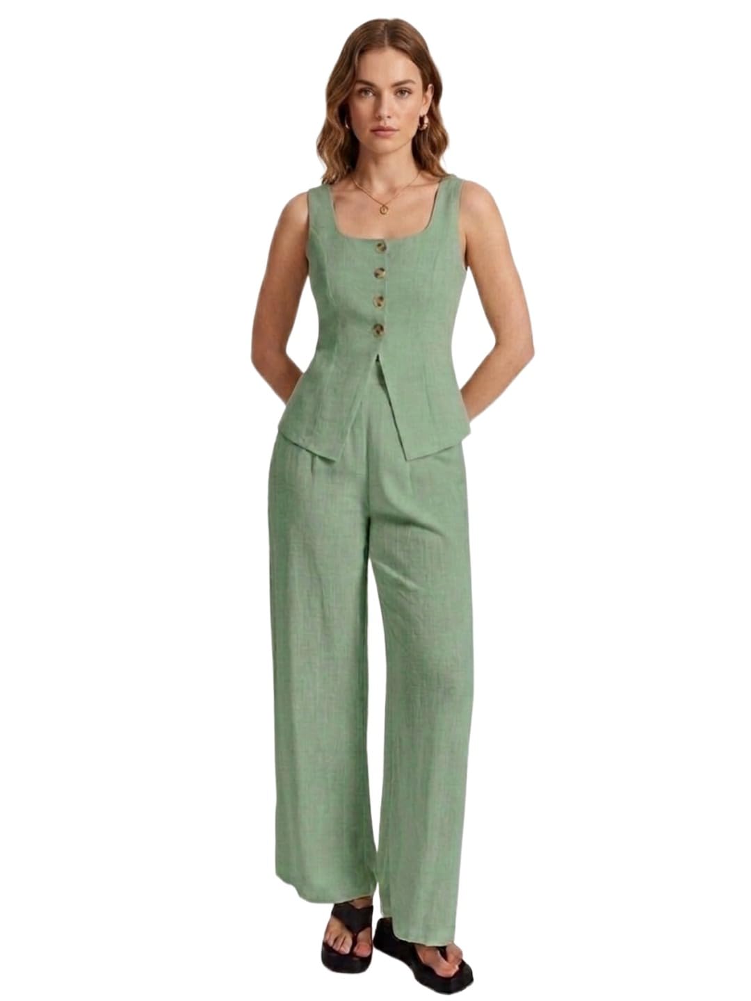 elendra jeans Women Linen Blend Peplum Top & Trouser Co-Ord Set-picture-20