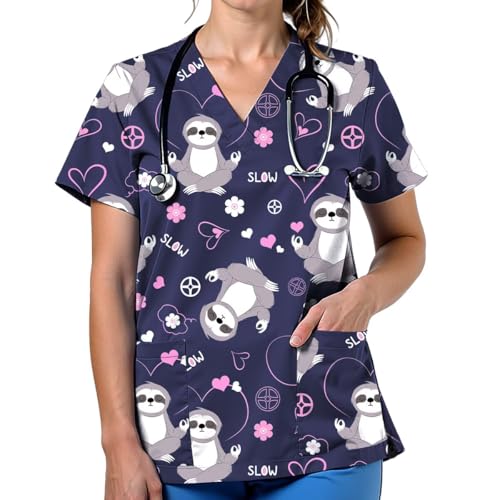 VillbeCoser Scrubs for Women V Neck Cute Printed Scrub Tops Medical Nurse Shirt Soft Casual Uniform(D3238-Purple L)