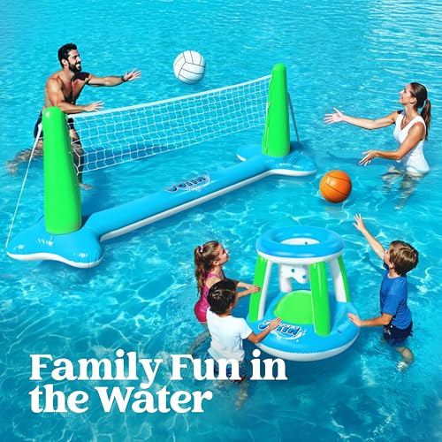 Image of JOYIN Inflatable Volleyball Net & Basketball Hoops Pool Float Set; Balls Included for Kids and Adults, Summer Pool Game, Floaties, Volleyball Court (105 inchx28 inchx38 inch) Basketball (27.6 inchx23 inch),Green,Blue