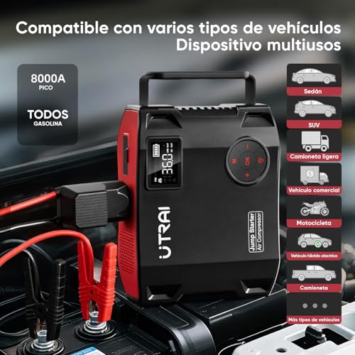 Miniatura 2 de 27000mAh Arrancador de Baterías de Coche con Compresor de Aire/18W Carga Rápida/Luz LED de 1600 lúmenes/160W DC out/Pantalla LCD/Carga rápida 3.0(All Gas o 12L Diesel) UTRAI 8000A Jump Starter