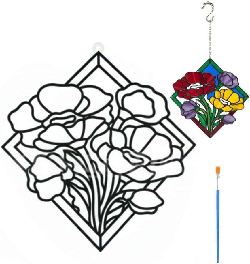 GUIYOUCHEN Flower Stained Glass Window Hangings, DIY Stained Glass Window Kit, Stained Glass Painting Kit for Moms Adults Kids Craft with Paint Tools Home Garden Stained Glass Window Panel (Style B)