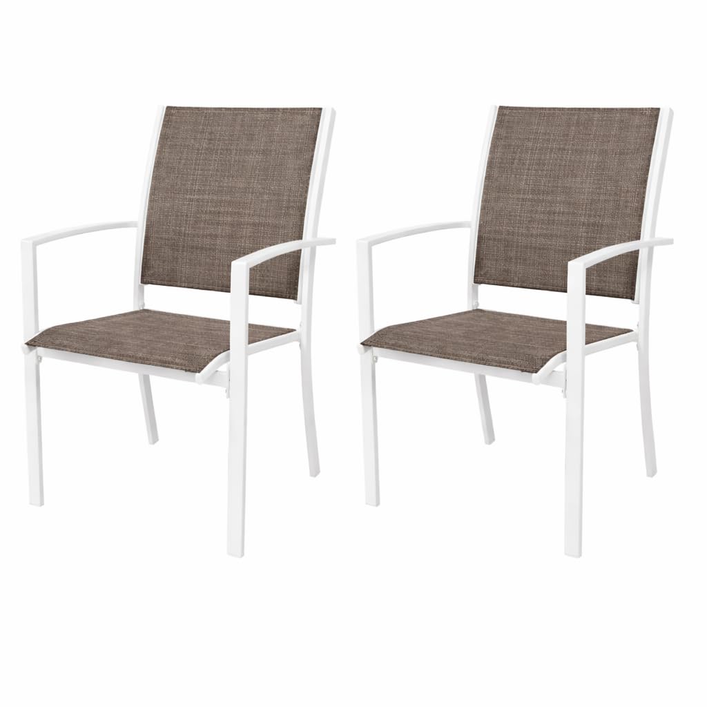 Set 2 Sedie Mykonos Da Giardino in Acciaio Verniciato e Textilene Traspirante, Struttura Bianca, Seduta Marrone, Resistenti alle Intemperie, Ideali per Esterno, Terrazzo e Balcone