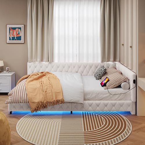 Tagesbett 140x200 mit LED und USB, Polsterbett mit Lattenrost, Schlafsofa 140x200, Jugendbett Einzelbett, Teddy Velvet, Ohne Matratze (Beige) – Bild 3