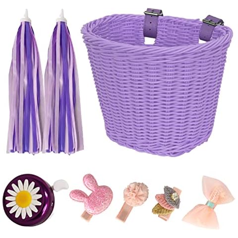 RAYMACE Kids Bike Basket Streamers Bell Set, Children's Bicycle Handlebar Basket with 4pcs Girl Hair Clips, Cute Accessories Kit for Kids' Bike, Scooter (Purple) Cover