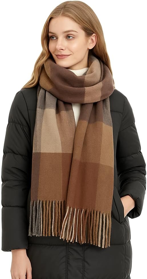 Plaid Winter Scarf, Soft Cashmere-Feel Wrap Shawl with Fringe Tassels, Classic Checkered Pattern for Women