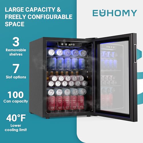 EUHOMY 100 Can Beverage Refrigerator cooler-Mini Fridge Glass Door for Beer Drinks Wines, Freestanding Beverage Fridge with Adjustable Shelves Blue LED for Home/Office/Dorm/Bar, 2.7 cu.ft