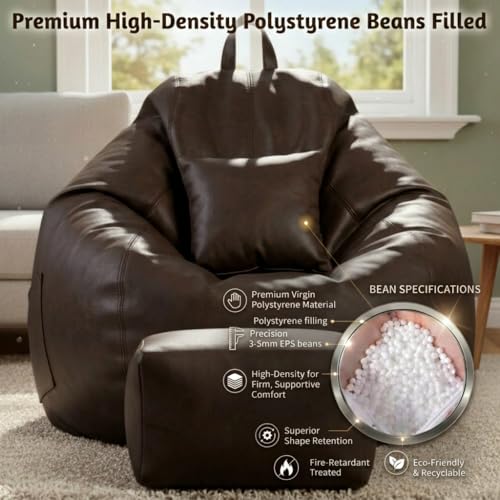 Image of KAM'S LIEU 5XL Luxury Faux Leather Bean Bag with Footrest & Cushion | Pre-Filled High-Density Polystyrene Beans | Premium Leatherette | 6 Months Warranty Color- (Brown, with Footrest)