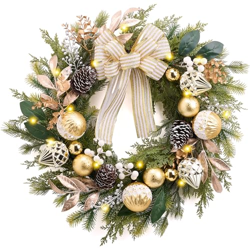 DecorbyHannah 24" Pre-Lit Christmas Wreath for Front Door with Lights,