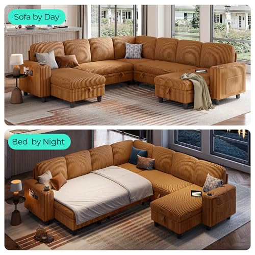 Image of LINSY HOME Sectional Sleeper Sofa with Pull Out Couch Bed - Convertible Plush Corduroy Cloud Couches with Storage Chaise & USB Charging, Comfy Modular Couch for Living Room, Brown