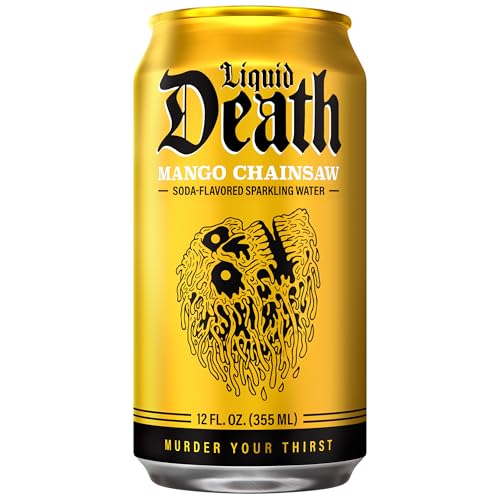 Image of Liquid Death Soda-Flavored Sparkling Water - Mango Chainsaw (Mango Orange), Less Sugar*, Huge Flavor, No Caffeine, No Artificial Sweeteners, 12 Fl Oz (Pack of 12)