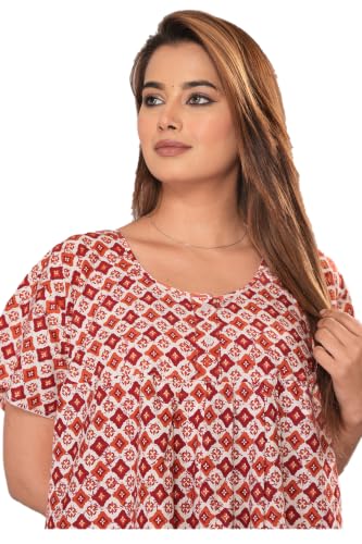 Image of Kuruti B Sheets Cotton Nighty for Women Jaipuri Print 2 Button Round Neck Short Sleeve Night Gown | Maxi Dress