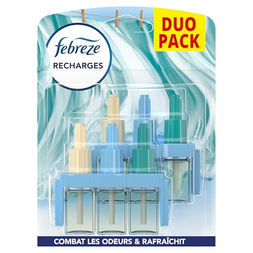 Febreze 3Volution Linge Frais Recharges pour Diffuseur Électrique, 2 Recharges de 20ml, 3 Parfums en Alternance, Combat les Odeurs en Continu, Jusqu'à 90 Jours
