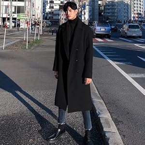 Manteau long à double boutonnage pour homme, trench-coat décontracté à col rabattable, veste d'hiver chaude de couleur unie, manteau cardigan d'automne d'affaires, grande taille (3XL, noir)