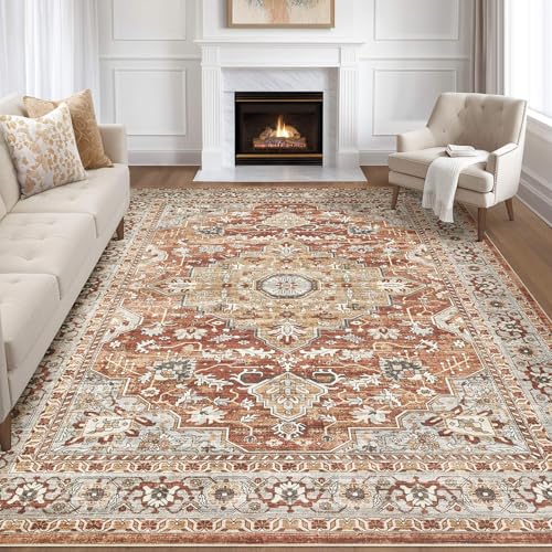 9x12 Area Rug Living Room: Machine Washable Boho Large Vintage Soft Rugs Stain Resistant Farmhouse Oriental Non Slip Indoor Floor Carpet for Bedroom Nursery Kids Playroom Office Dining Room- Red Brown