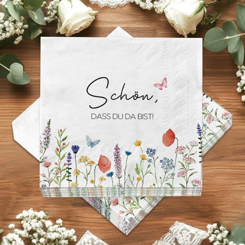 40 Stück Servietten Schön Dass Du Da Bist – Blumen & Schmetterling Design, 33x33 cm – Papier-Servietten Hochzeit, Geburtstag, Frühling, Ostern, Tischdekoration