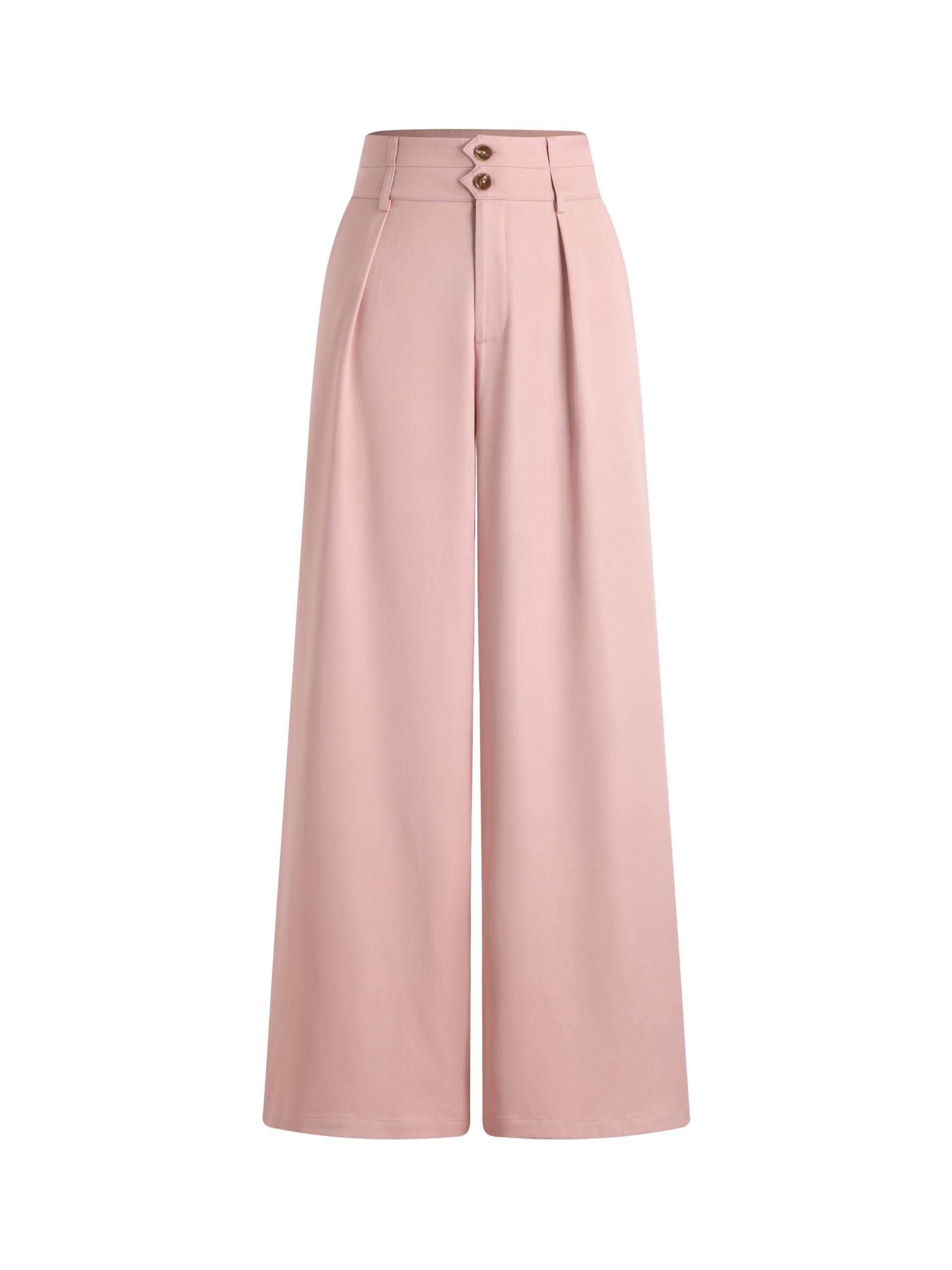 CIDER Wide Leg Pants for Women Mid Waist Button Detail Regular Fit Solid Pattern Long Trousers Polyester Elastane