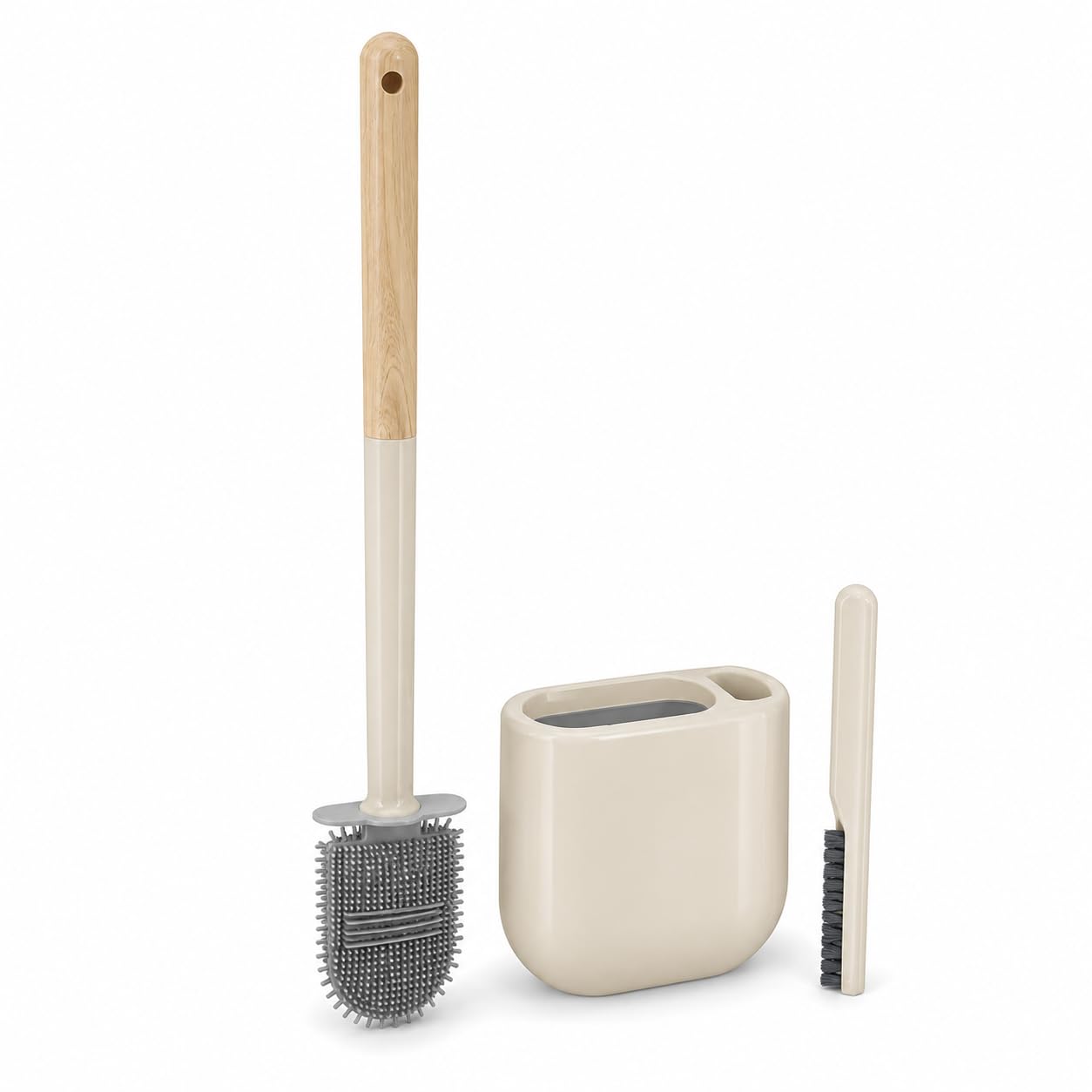 Silicone Toilet Brush with Holder, Wood Handle, Beige, Compact 44.5 cm, Flexible Bristles, Space-Saving Design with Detail Brush