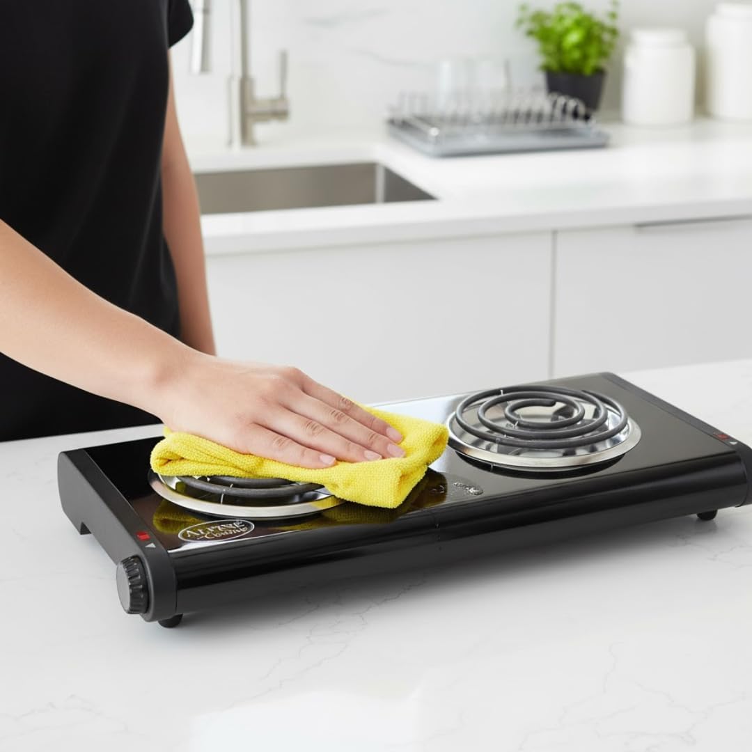 ALPINE CUISINE Electric Double Burner, 1500W, Dual Plate Portable Hot Plate for Indoor Cooking, Adjustable Temperature Control, Compact Design, 120V, Ideal for Home, Dorm, RV, or Travel Use