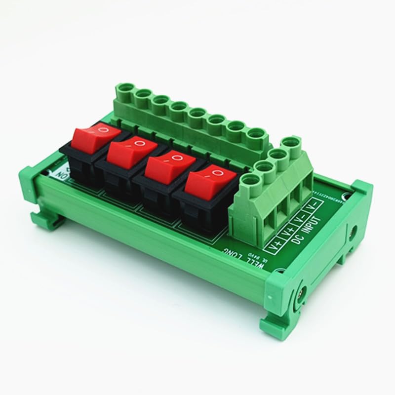 DIN Rail Mount 4 Channel Red Rocker Switch DC Power Distribution Strip Module.