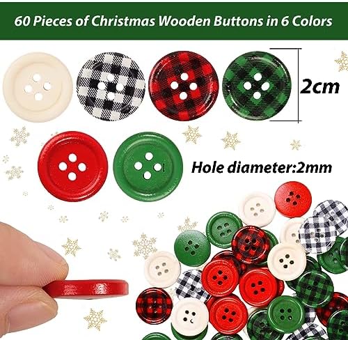 60 pcs Christmas Plaid Wooden Buttons 6 Styles Red Green Round Wood Buttons Christmas Decorative Button for Christmas Craft Sewing Stocking DIY Handmade Gifts Decor