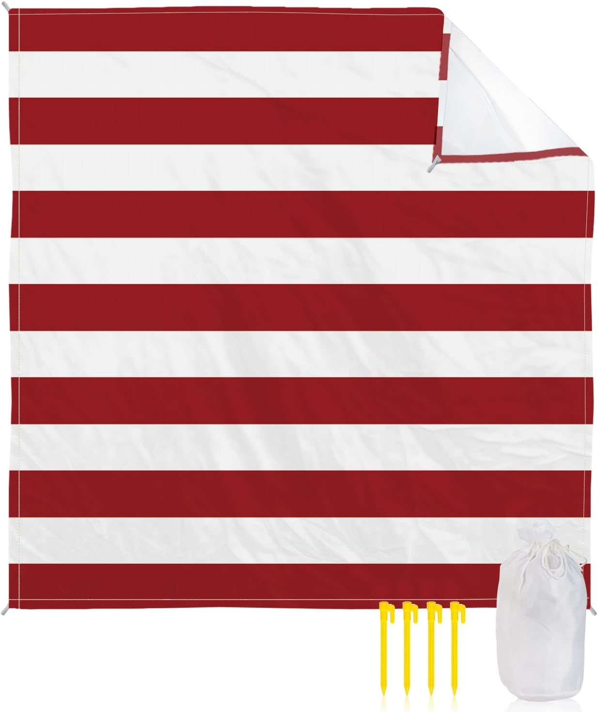 Christmas Stripes Beach Blanket Waterproof Sandproof Outdoor Picnic Mat 108"x84" Red and White Lightweight Large Beaach Blankets with 4 Stake & 4 Corner Pockets