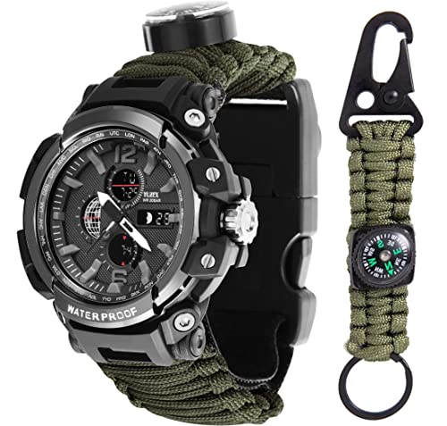 WLDOCA 50m wasserdichte Militäruhr Herren Outdoor Sportuhr LED Digital Armbanduhr Kompass Thermometer Quarzuhr mit Schlüsselanhänger,D