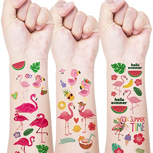 Flamingo Temporary Tattoo Hawaiian Fake Tattoos Summer Tattoo Supplies Tropical Design Luau Party Tattoo Stickers Decals Beach Pool Waterproof Face Body Festival Tattoo Decorations For Adult Kids10Pcs #TOP22