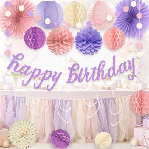 Image of Pink Purple Birthday Decorations for Women Girls, Pre-Strung, 24pcs | Happy Birthday Banner, Honeycomb Balls, Paper Flowers, Lanterns, Streamers, Dots Garland for Happy Birthday Party Decorations