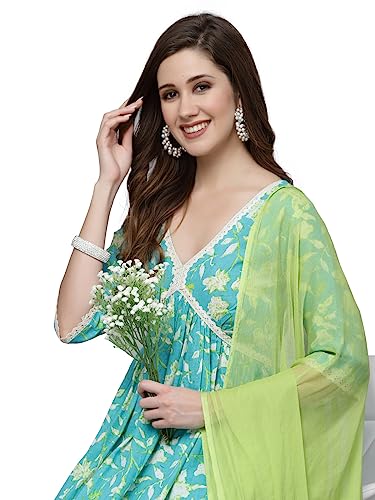 Image of Stylum Women's Floral Printed Cotton Pleated Kurta Palazzo Dupatta Set