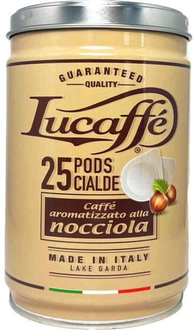 LUCAFFÉ Nocciola (Hazelnut Flavored) | Gourmet Biodegradable | ESE Espresso pods in aroma-saving fresh steel Tin | NO Foil | 25 Count (Pack of 1)