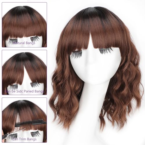 Image of AISI HAIR Synthetic Wavy Curly Bob Wig with Bangs Dark Roots with Chestnut Brown Short Hair Wigs for Women Synthetic Heat Resistant Bob Wigs