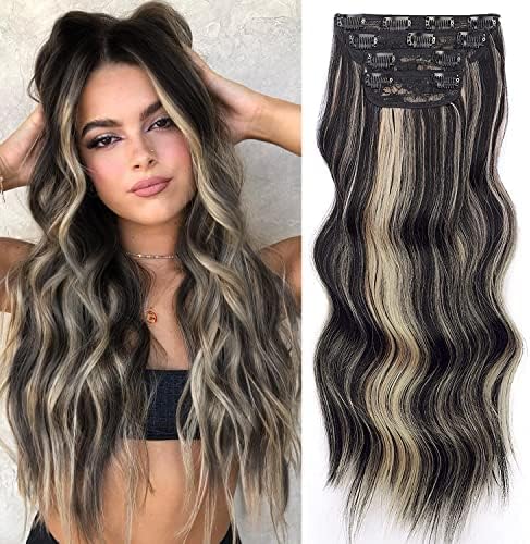 Vigorous Wavy Hair Extension for Women Black Mix Blonde Long Clip in Hair Extensions Soft Synthetic Hairpieces (24 inches, Black Mix Blonde)
