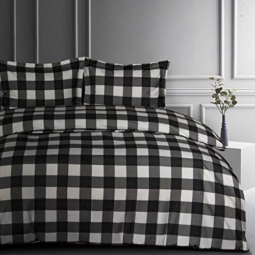 Ntbay Microfiber Queen Duvet Cover Set, 3 Pieces Ultra Soft Buffalo Check Printed Comforter Cover Set With Zipper Closure And Corner Ties, Black And White #TOP4
