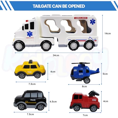Image of Kidology 5 in 1 Ambulance Truck Toys for Kids Ages 3+ Years - Friction-Powered Cars with Light & Music, Educational Transport Truck Toy Vehicle for Boys & Girls, Birthday Gift