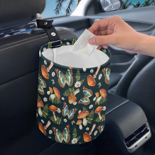 Image of Butterfly Mushroom Cat Car Garbage Can Small Trash Can with Leak Proof Inside Liner and Hanging Strap Car Organizer Portable for Road Trip