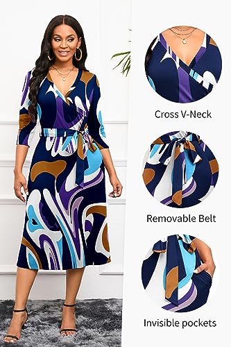 Runwind Women's Midi Dress,3/4 Sleeves V Neck Cocktail Party Dress Curvy Wrap Sexy Geometric Pattern Dresses with Belt - Image 5