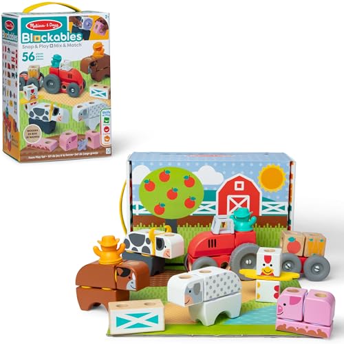 Melissa & Doug - Blockables Bauernhof Bauset - 56 teiliges Set mit Holzbausteinen, Steckverbindungen, Filzaccessoires und mehr für kreatives Bauen und Spielen, für Kinder ab 2 Jahren