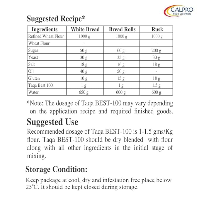 Image of Calpro's Taqa Best 100 : Multipurpose Bread Improver,Enhances Dough Rise, Improves Crust & Freshness ! High Protein -100% Vegetarian : Mix 1KG